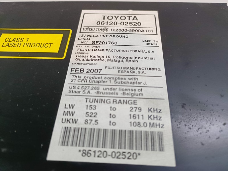 Recambio de sistema audio / radio cd para toyota auris (e15) 1nd referencia OEM IAM 8612002520  